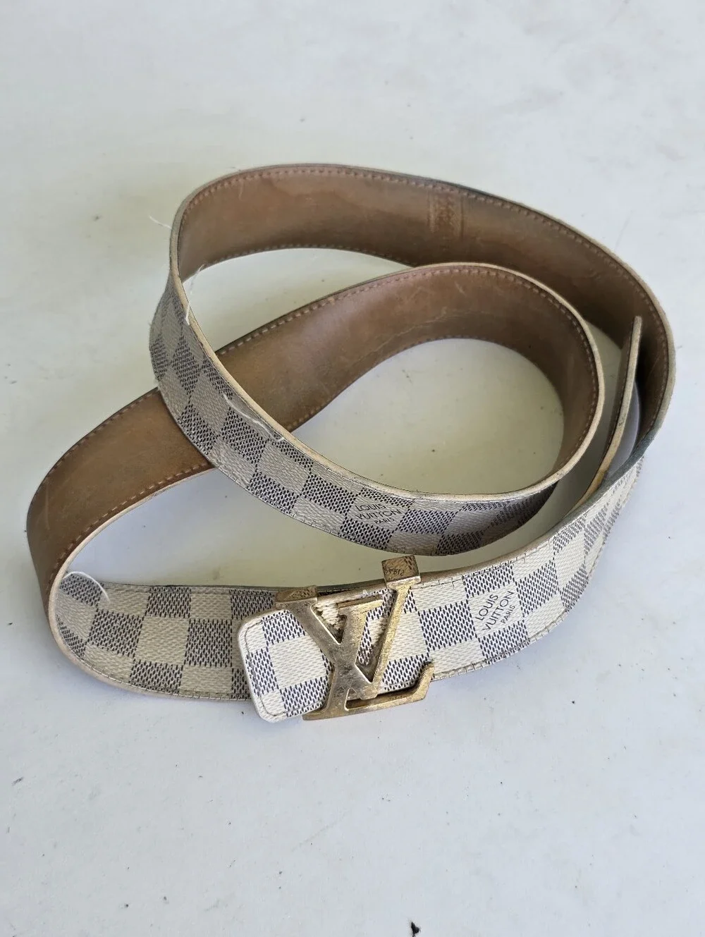Authentic Louis Vuitton Damier Azur LV Initials Belt Gold Buckle Unisex